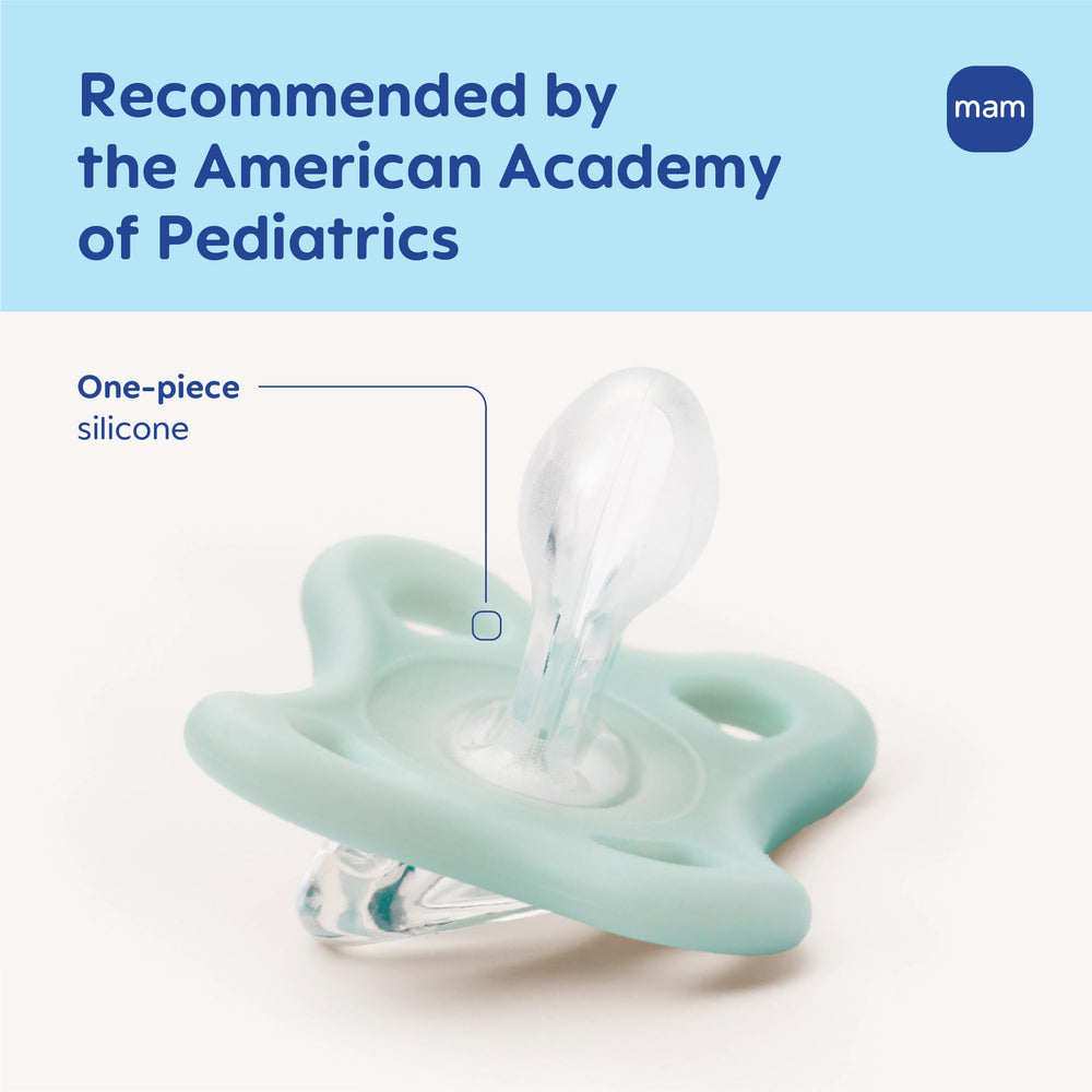 MAM Comfort one-piece silicone pacifier highlighting seamless hygiene and cleaning