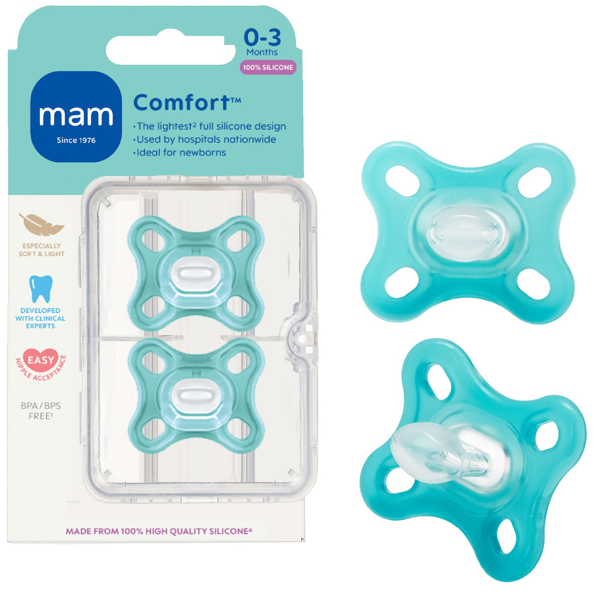 MAM Comfort pacifier 0-3 months with lightweight nipple for easier newborn use.