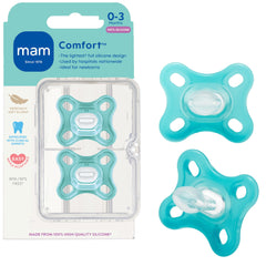 MAM Comfort pacifier 0-3 months with lightweight nipple for easier newborn use.