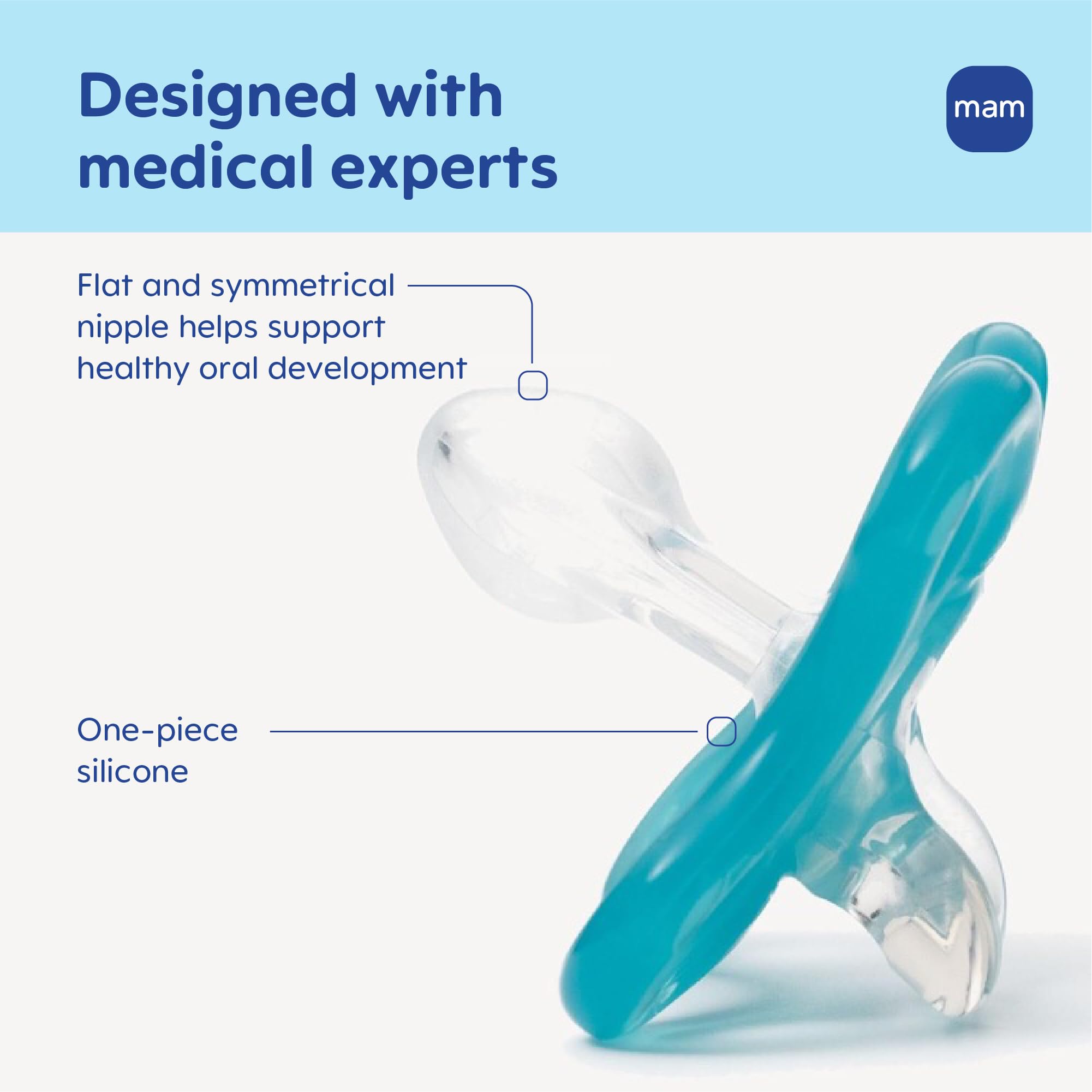 MAM Comfort pacifier uses breathable curved shield for comfortable breathing.