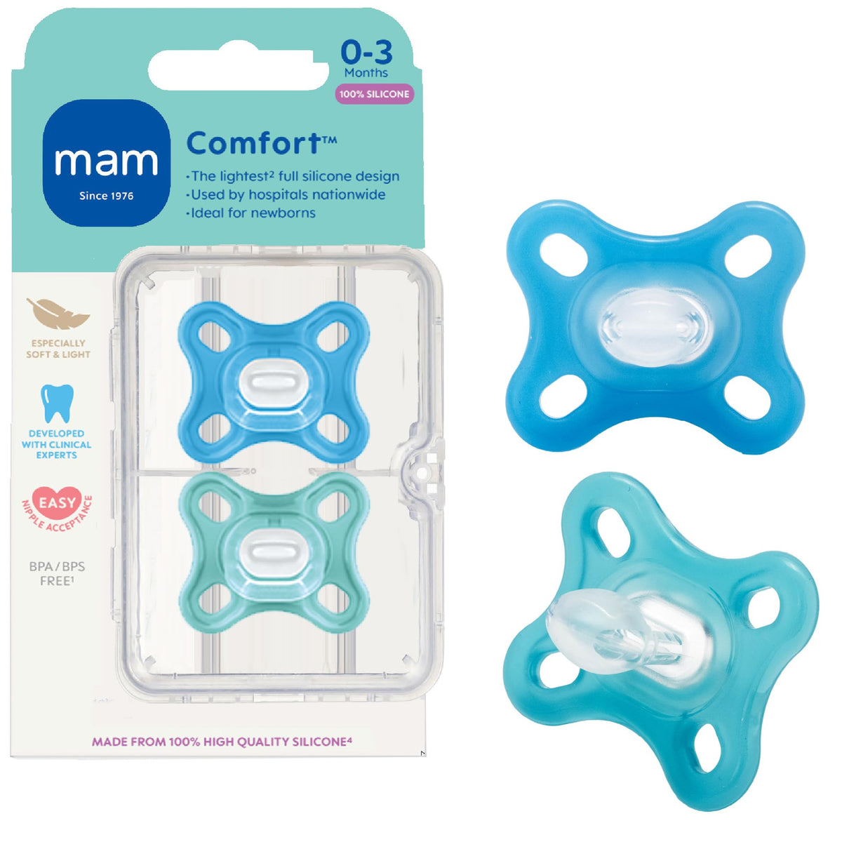MAM Comfort pacifier nipple close-up for newborns gentle acceptance.