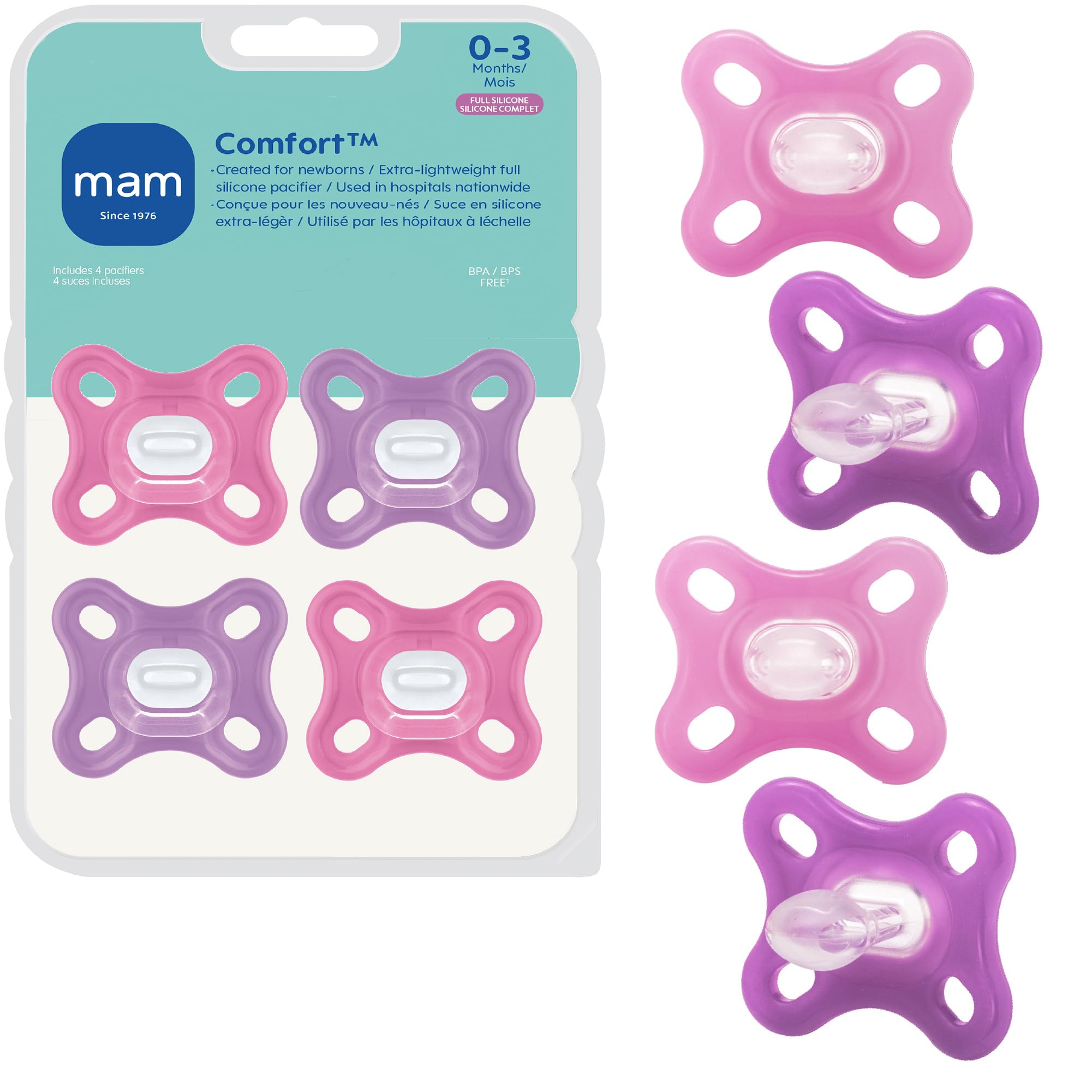 MAM Comfort pacifier one-piece design supports easy newborn use with minimal effort.
