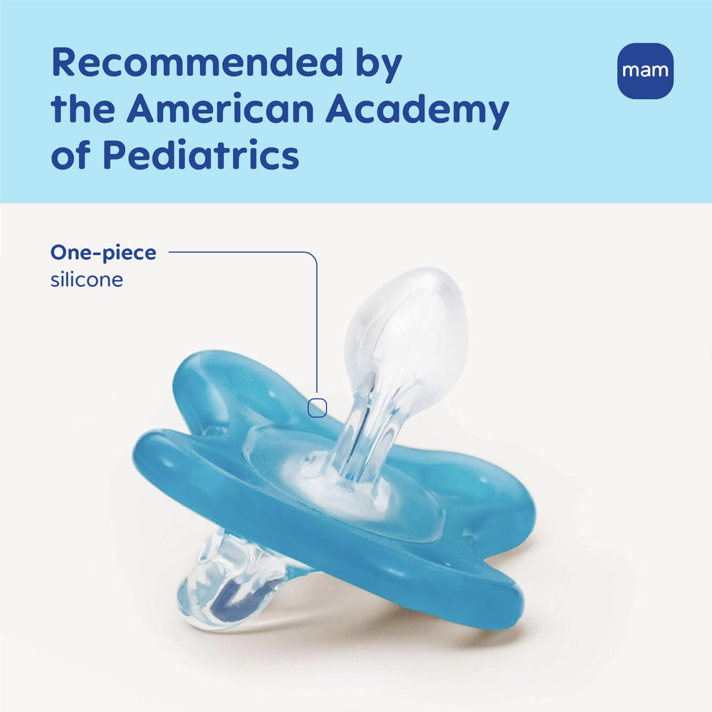 MAM Comfort pacifier shows soft nipple design for gentle soothing.