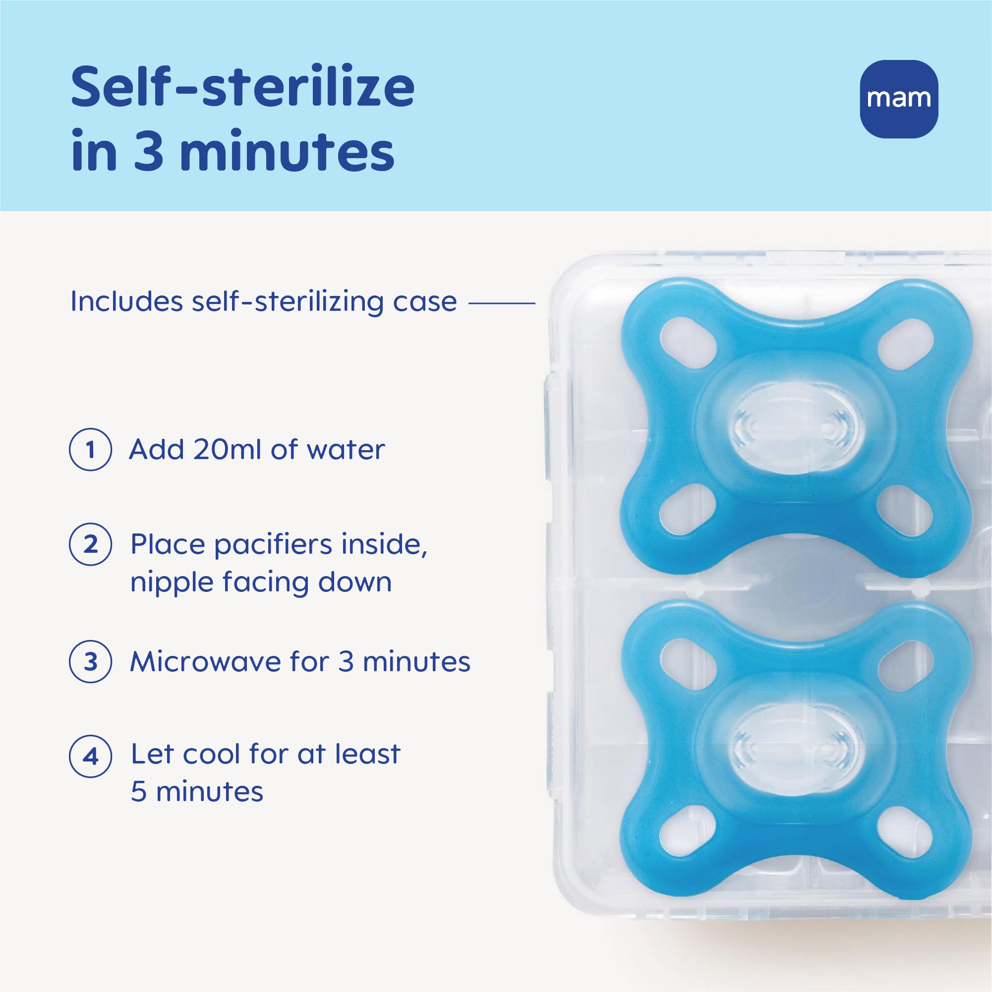 MAM Comfort pacifier comes with a sterilizer case for clean on-the-go use.