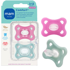 MAM Comfort soft one-piece pacifier for 3-12 month olds, lightweight design supports natural sucking.