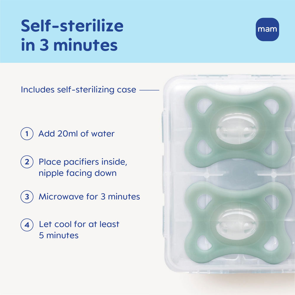 MAM Comfort sterilizer case included for quick 3 minute self-sterilization.