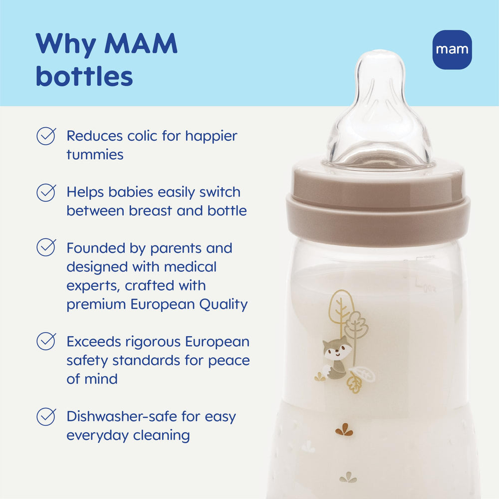 MAM Easy Start Europe-made bottle uses bio-circular materials for sustainability.