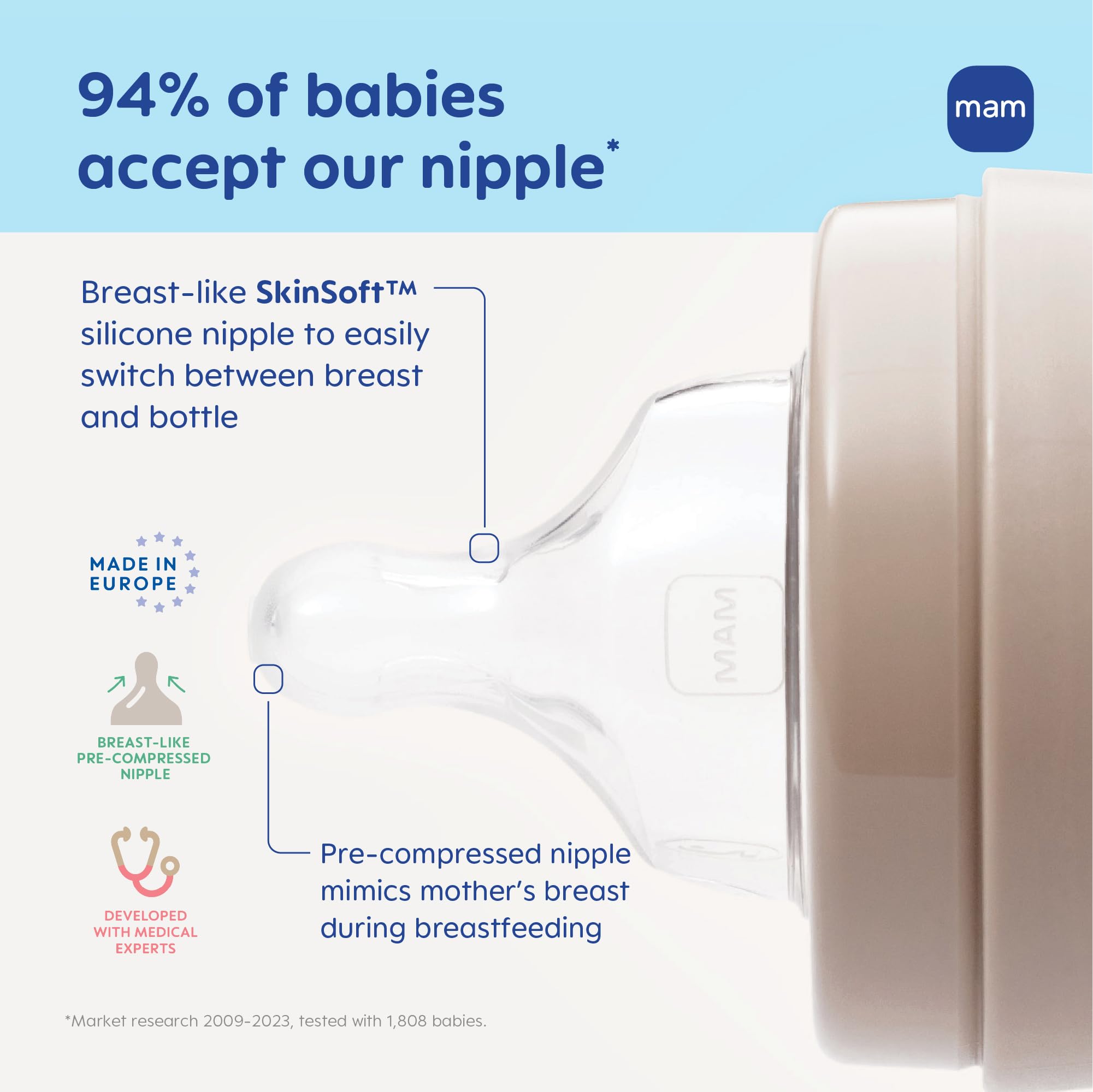 MAM Easy Start self-sterilizing bottle offers quick cleaning in three minutes.