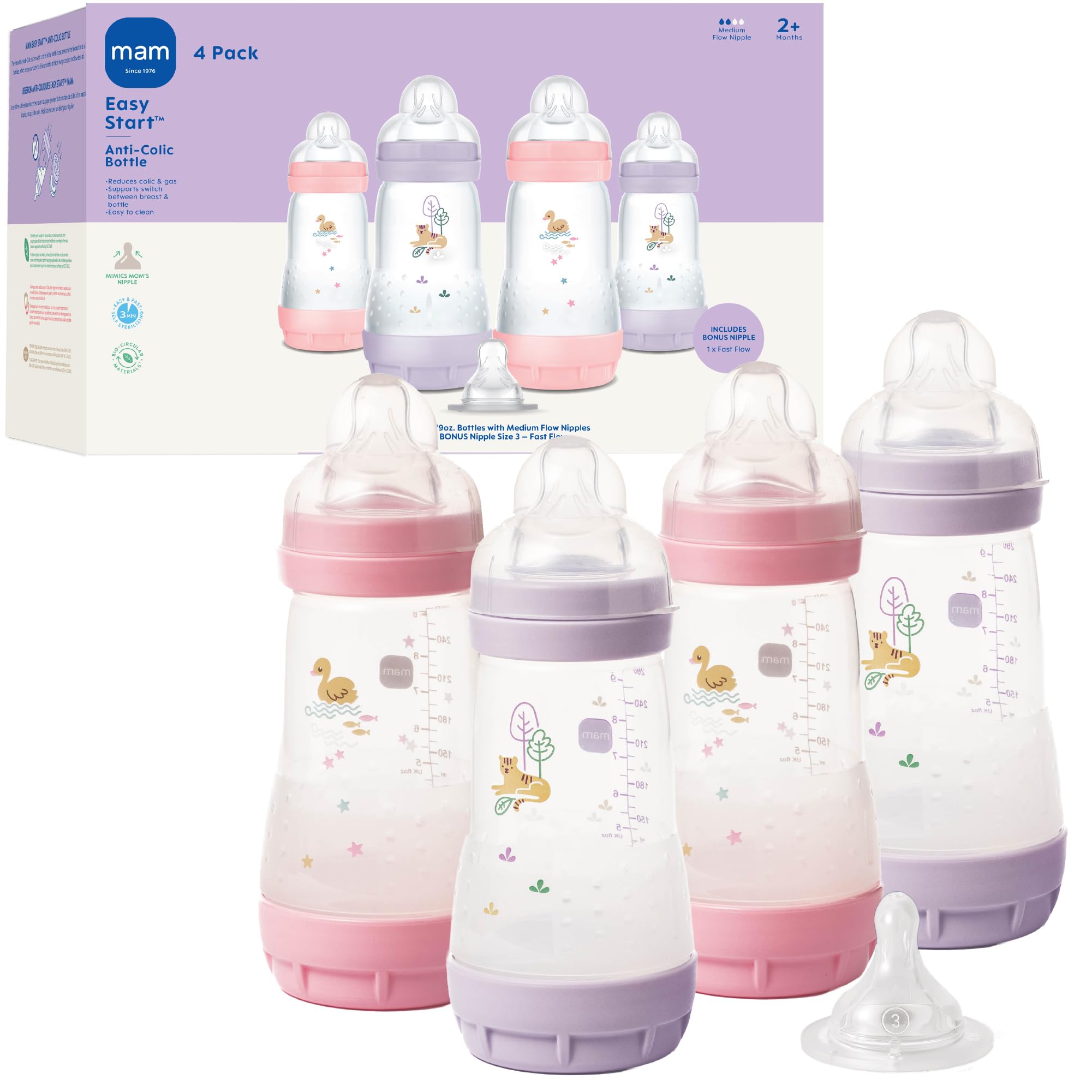 MAM Easy Start bottle with vented base helps reduce air intake during feeds.