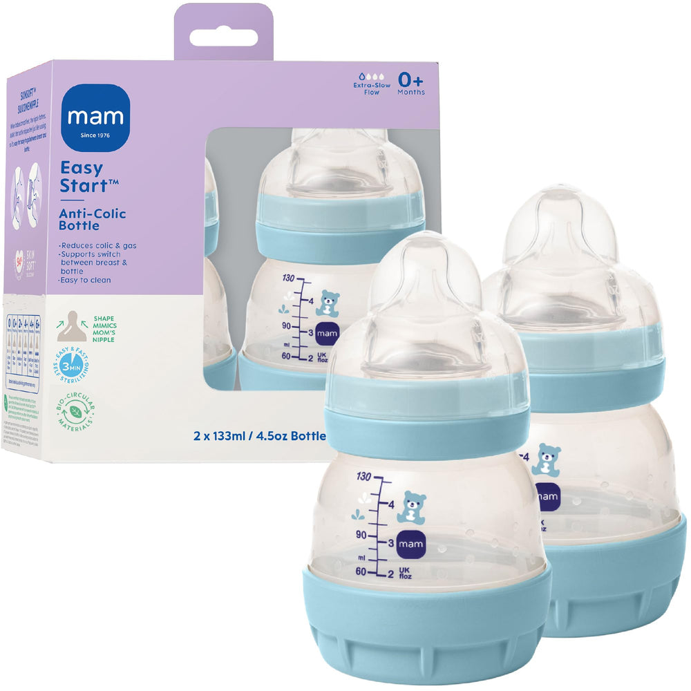 MAM Easy Start vented base bottle demonstrates reduced air intake for smoother feeds.