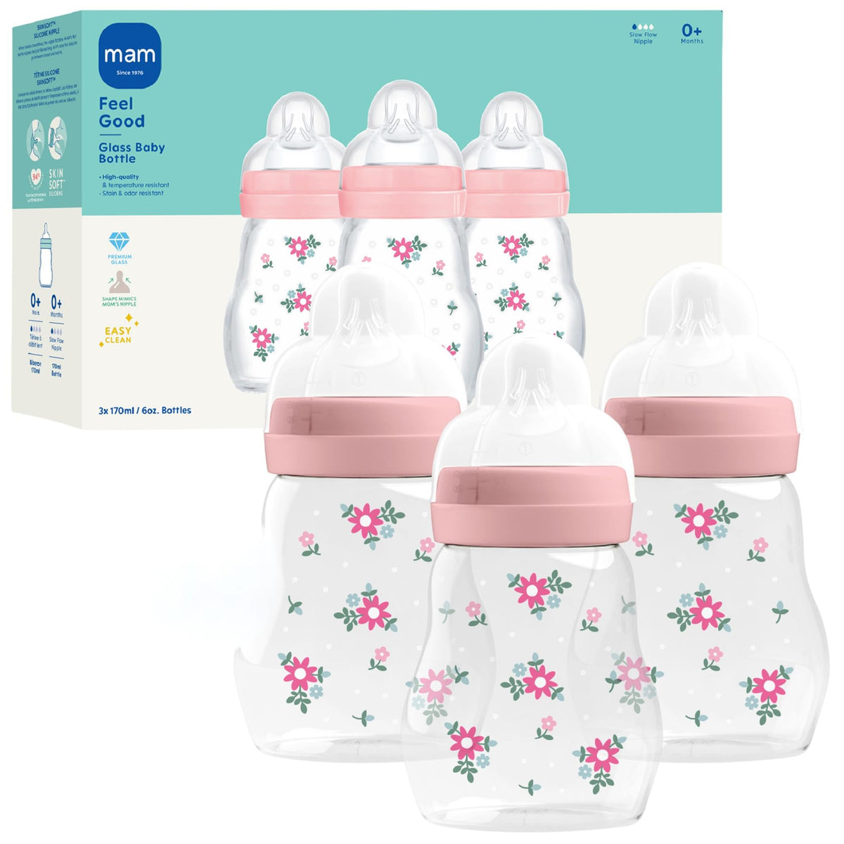 MAM glass 6oz wide-neck bottle ready for feeding and easy cleaning.