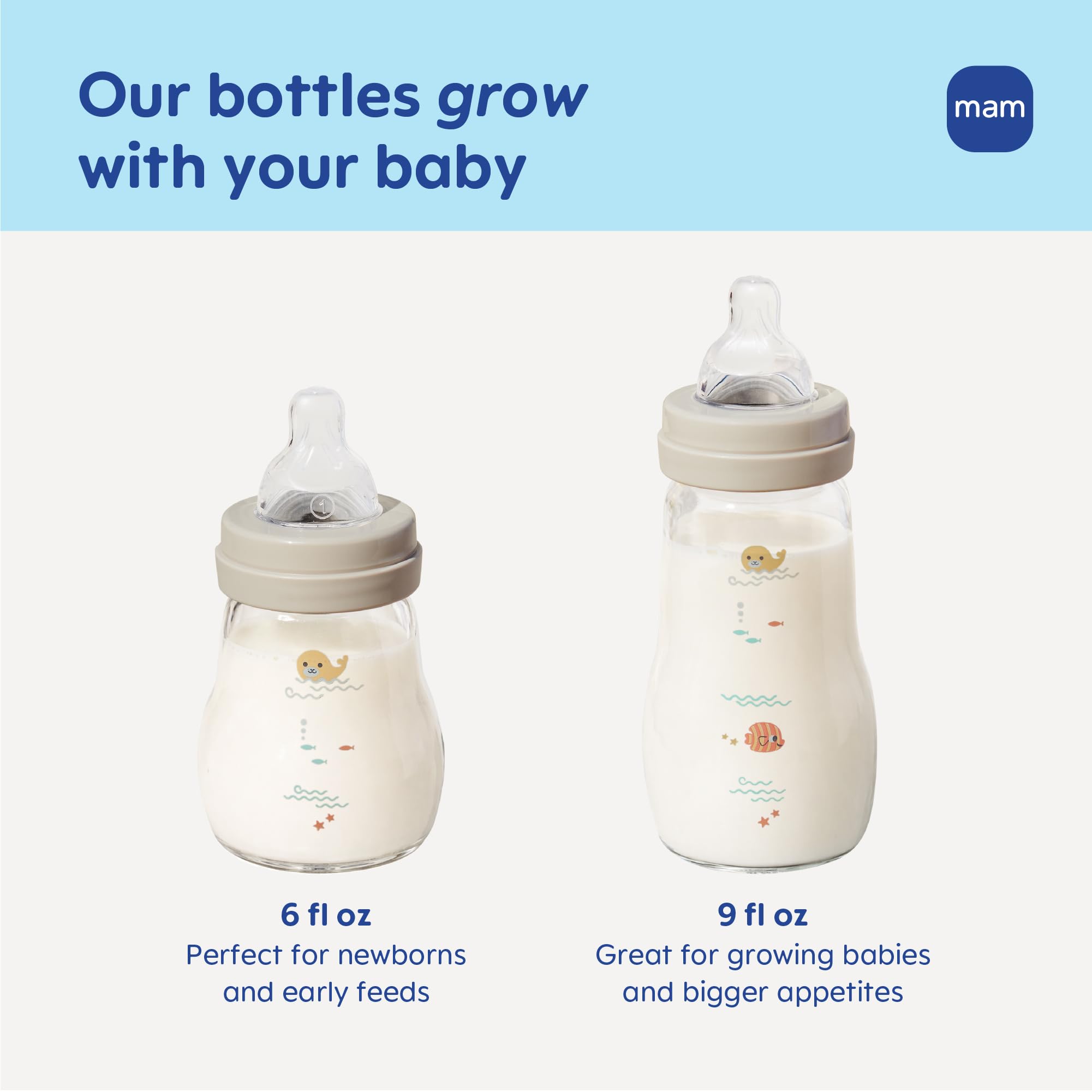 MAM heat-tolerant glass bottle safe for microwaves and warmers.