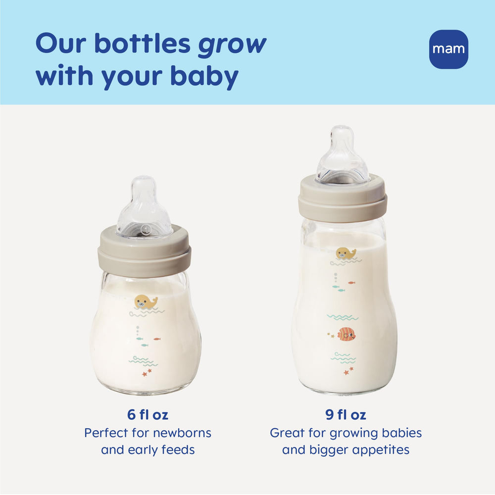 MAM heat-tolerant glass bottle safe for microwaves and warmers.