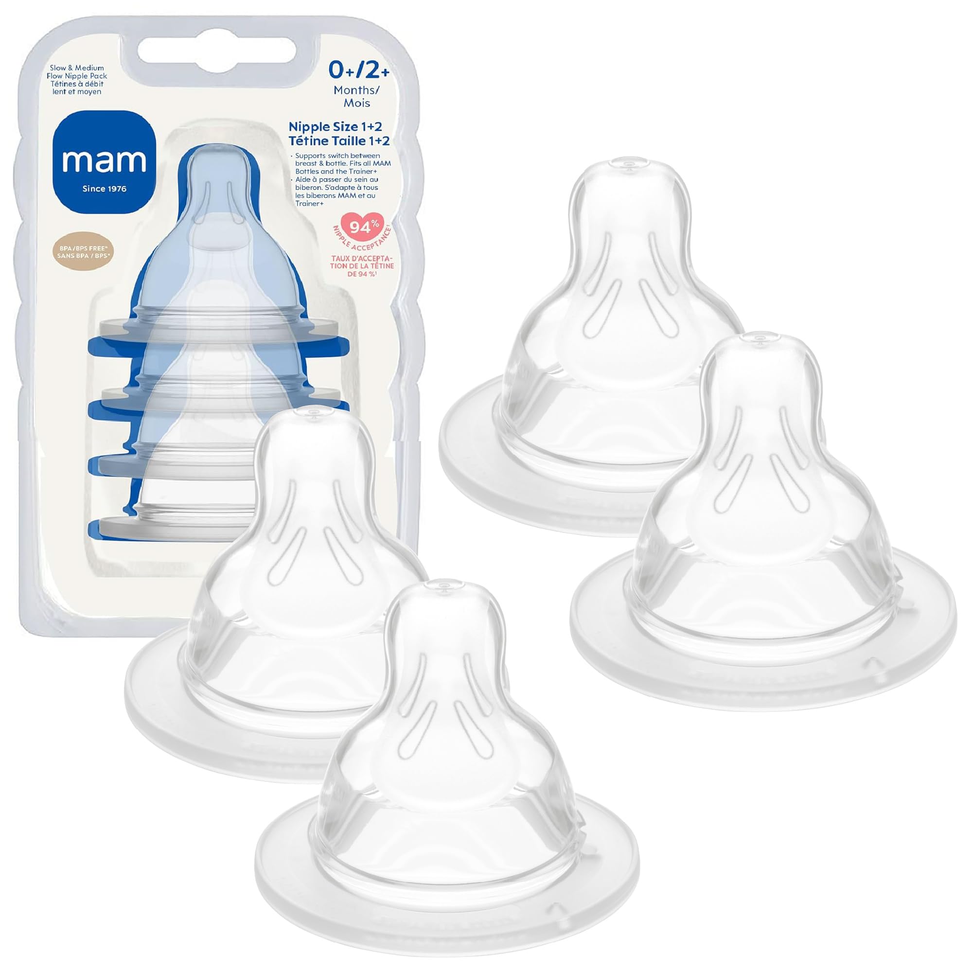MAM flat-symmetrical design nipple promotes comfortable latch for calm feeds