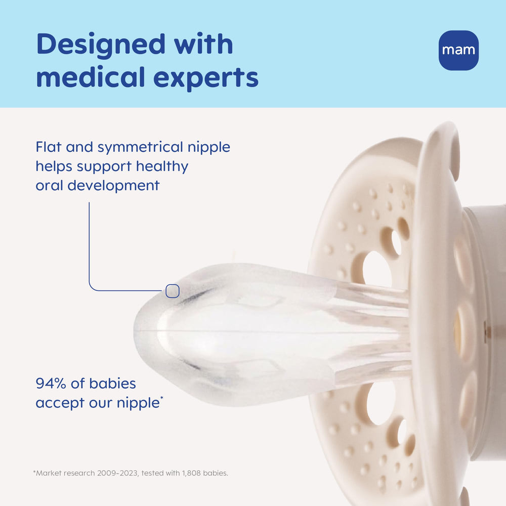 MAM Original matte pacifier symmetrical nipple promotes a natural latch and balanced mouth feel.