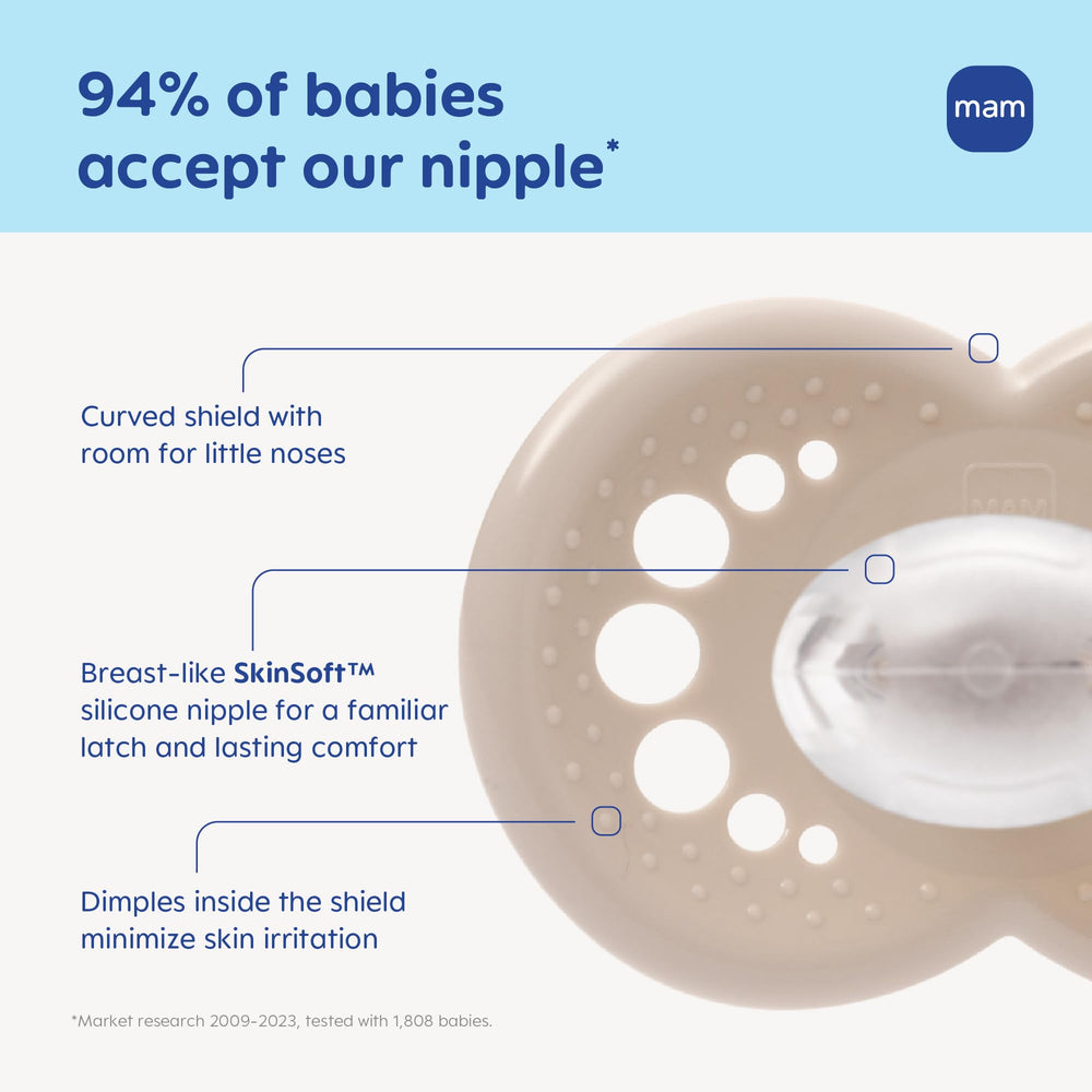 MAM Original pacifier's breathable shield promotes airflow and skin comfort.