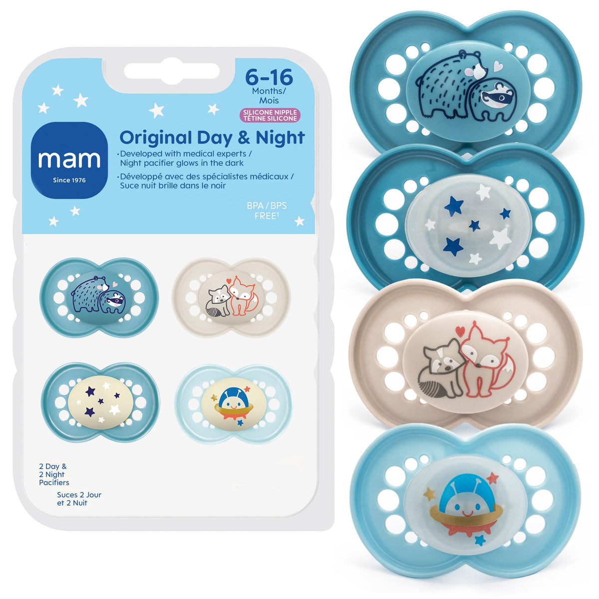MAM Original pacifier glow-in-the-dark design aids nighttime finding