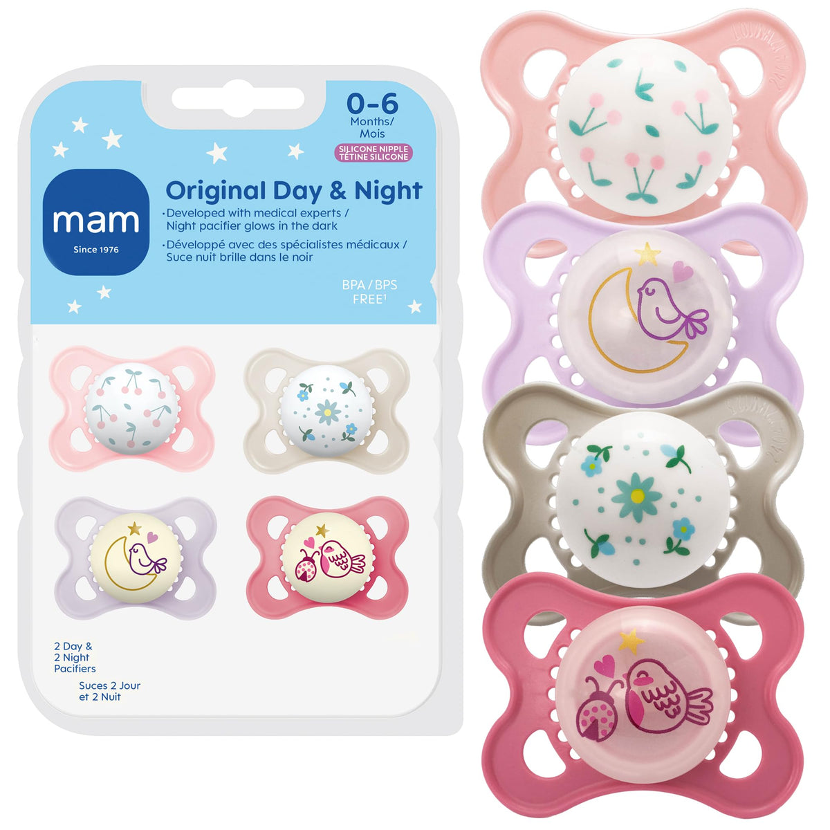 MAM Original pacifier with a soft silicone nipple for gentle comfort.