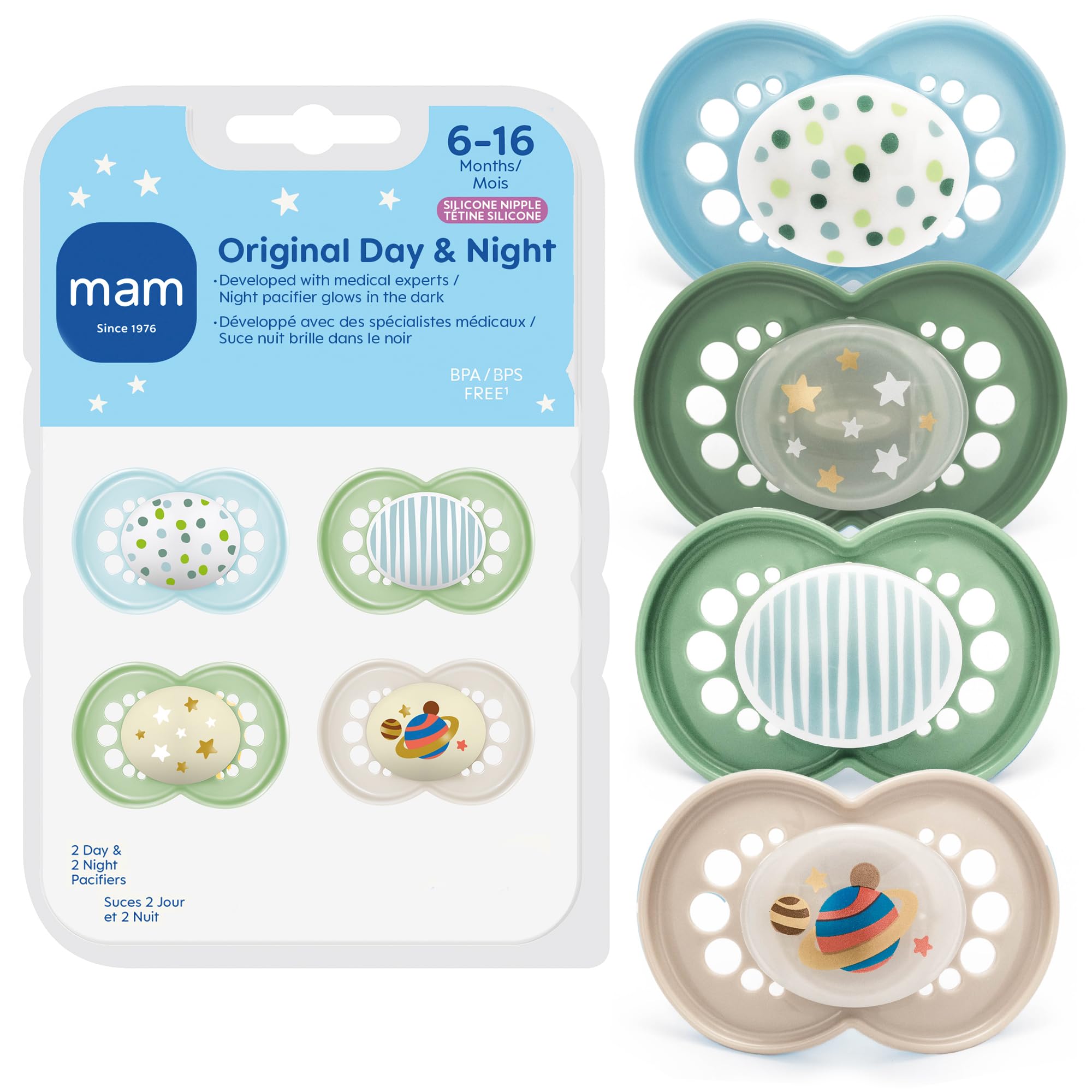 MAM Original pacifier with soft silicone nipple offers gentle soothing.