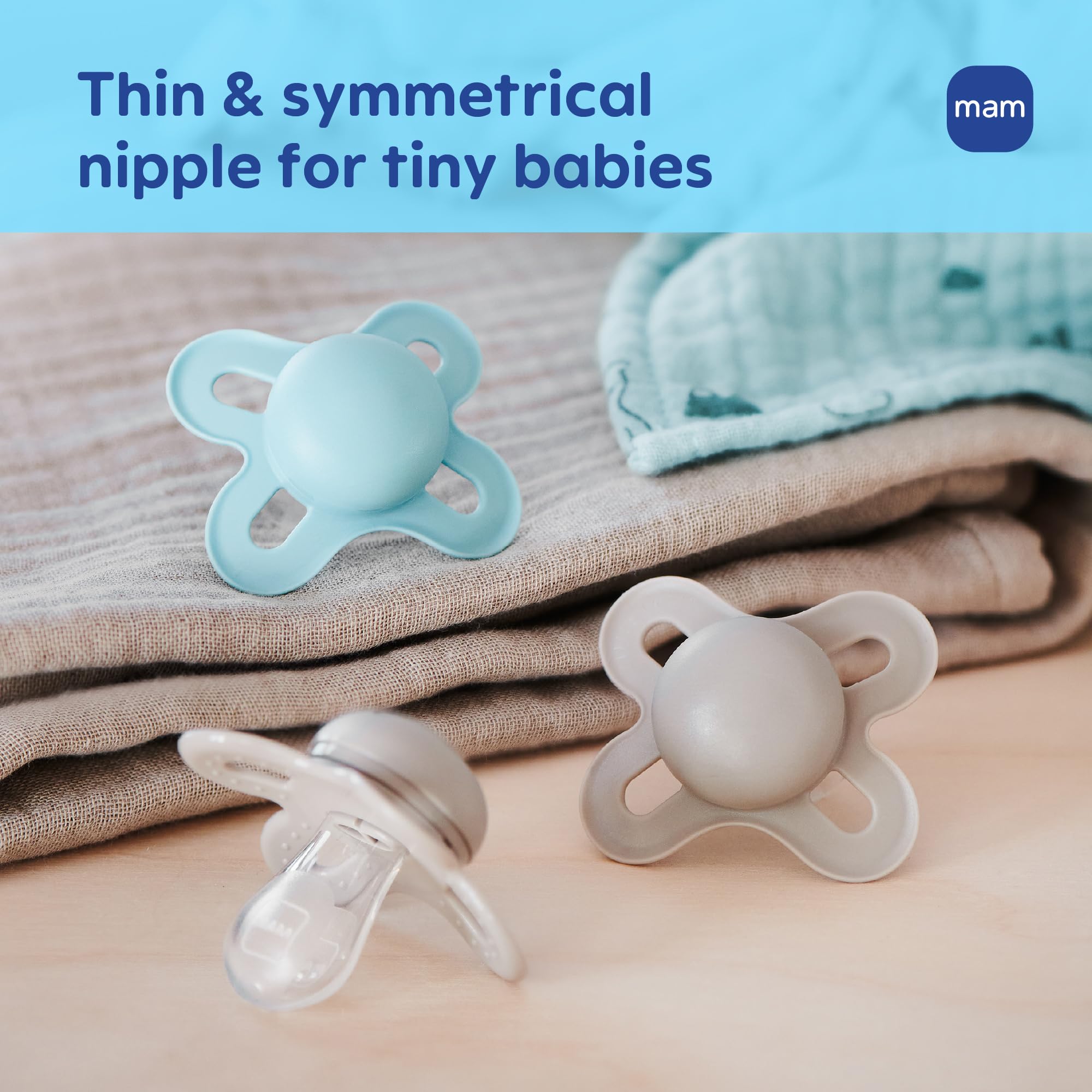 MAM Original Start pacifier from European-made medical-grade silicone, BPA- and BPS-free for safety.