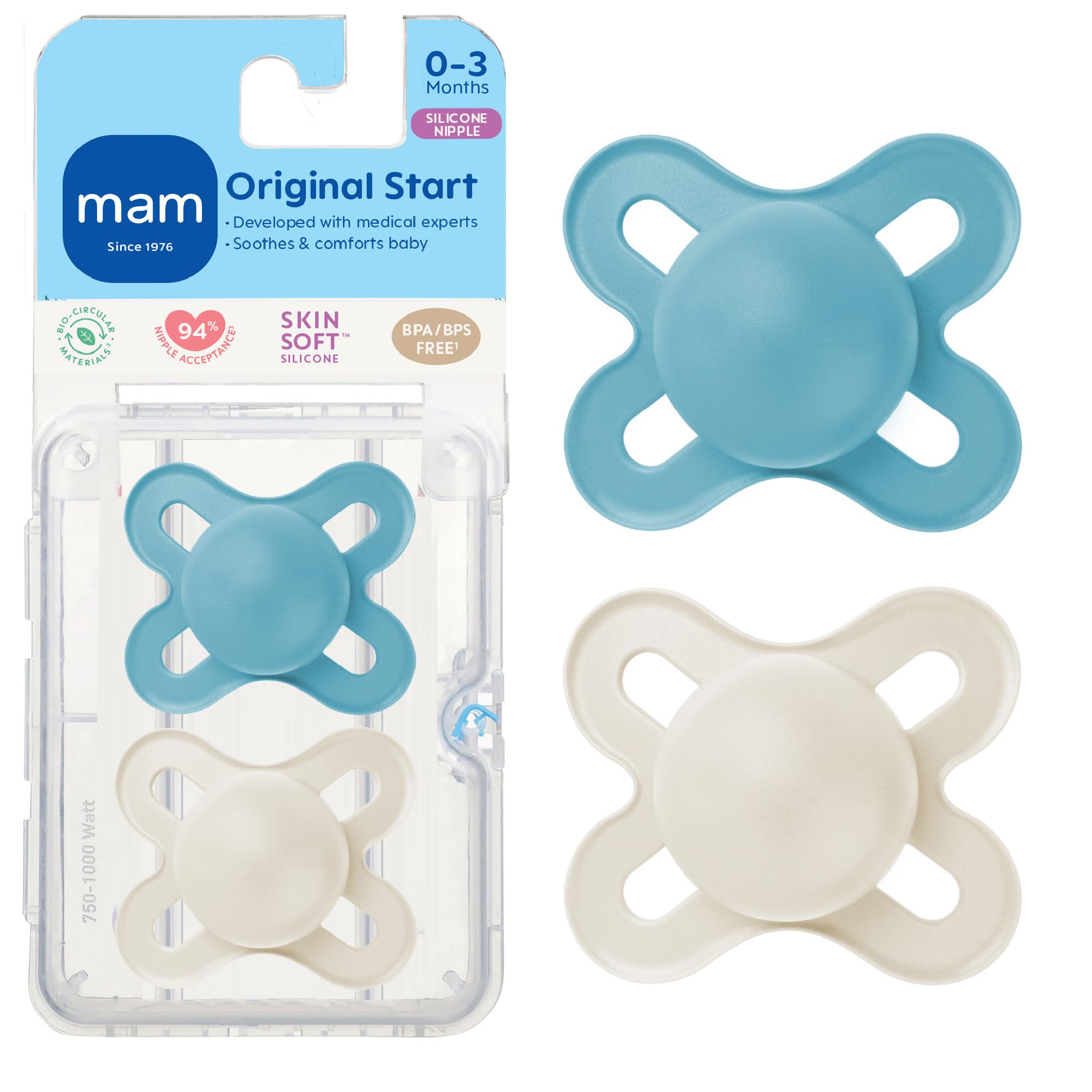 MAM Original Start matte pacifier with SkinSoft silicone nipple for a gentle newborn latch.