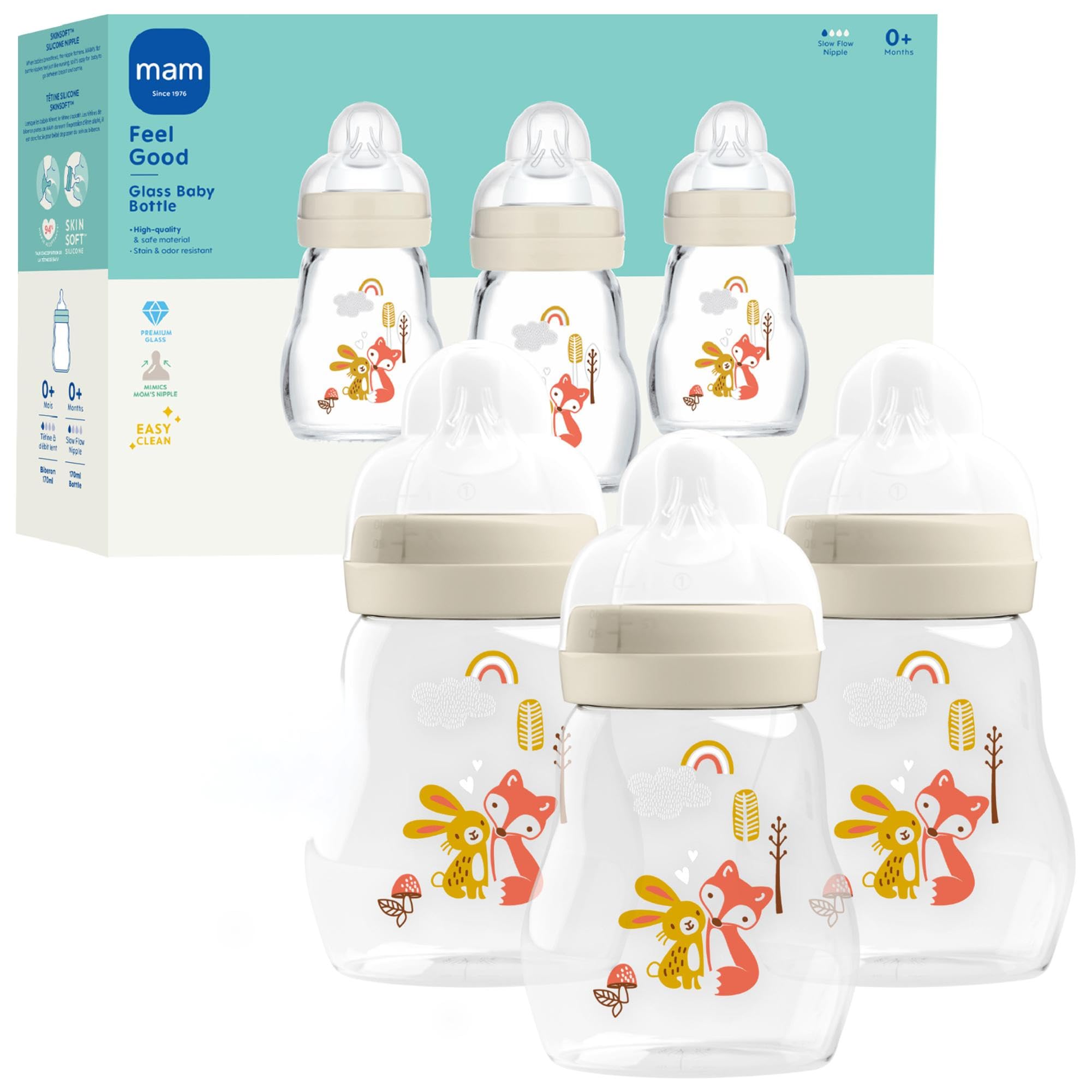 MAM premium glass bottle 6oz highlights durable borosilicate glass for lasting use.