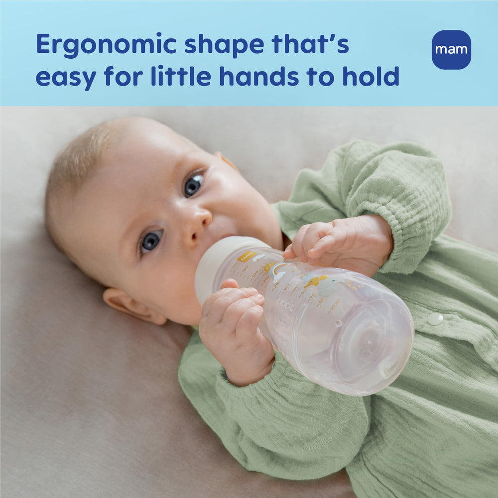 SkinSoft silicone nipple on MAM Easy Active with elongated design for smooth latch.