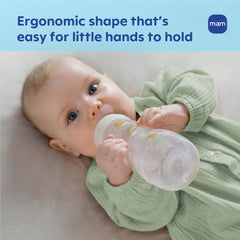 SkinSoft silicone nipple on MAM Easy Active with elongated design for smooth latch.