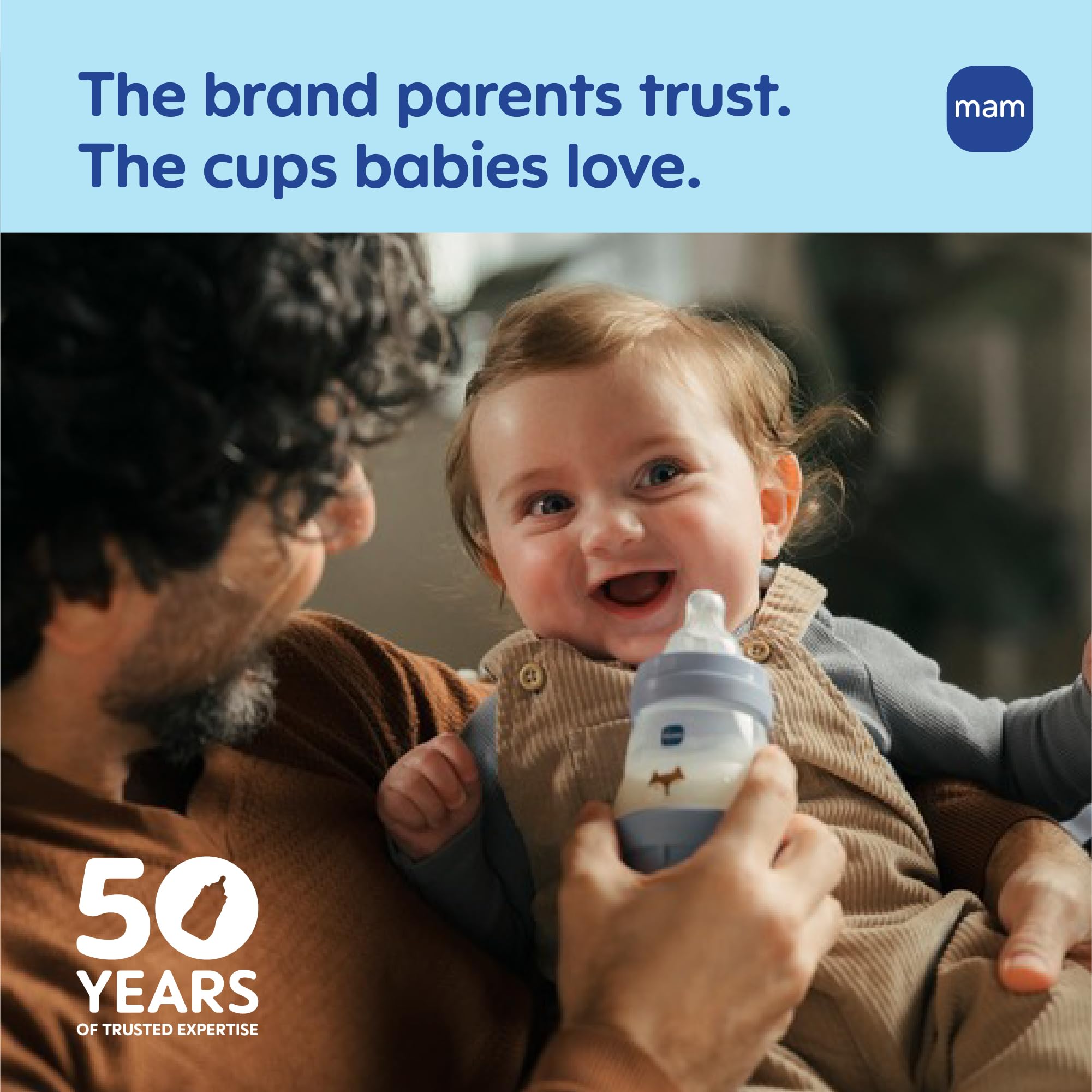 MAM Starter Cup blue color helps quick identification at meals.