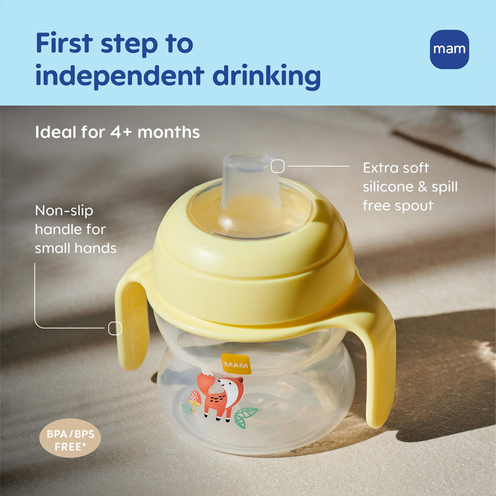 MAM Starter Cup ergonomic shape fits tiny hands for easy gripping.