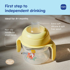 MAM Starter Cup ergonomic shape fits tiny hands for easy gripping.