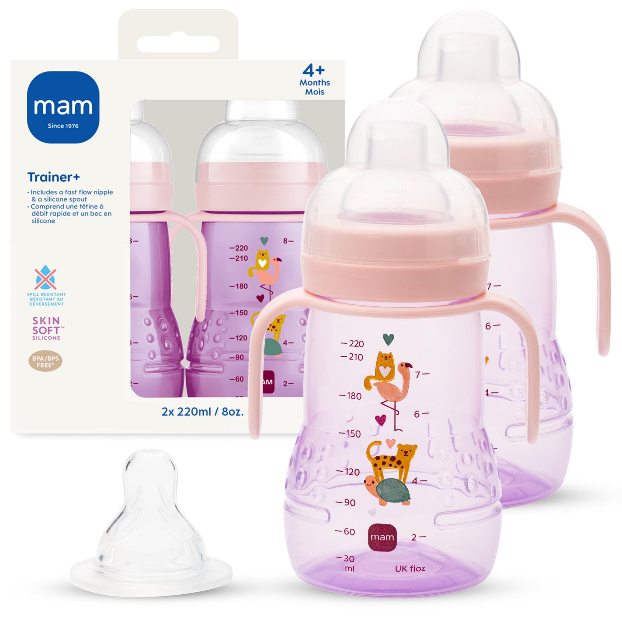 MAM Trainer Cup with extra-soft spout supports easy transition to drinking.