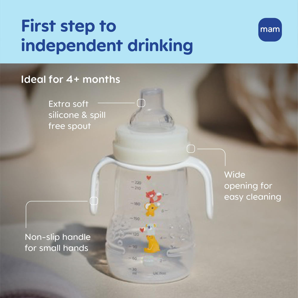 MAM Trainer Cup non-slip handles help little hands grip securely.