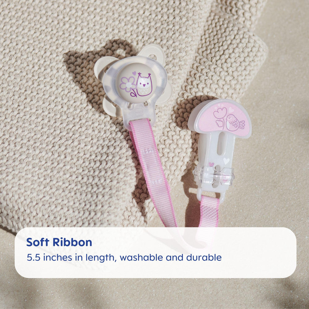 Universal fit clip securely holds all pacifier types, compatible with most brands