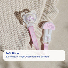 Universal fit clip securely holds all pacifier types, compatible with most brands