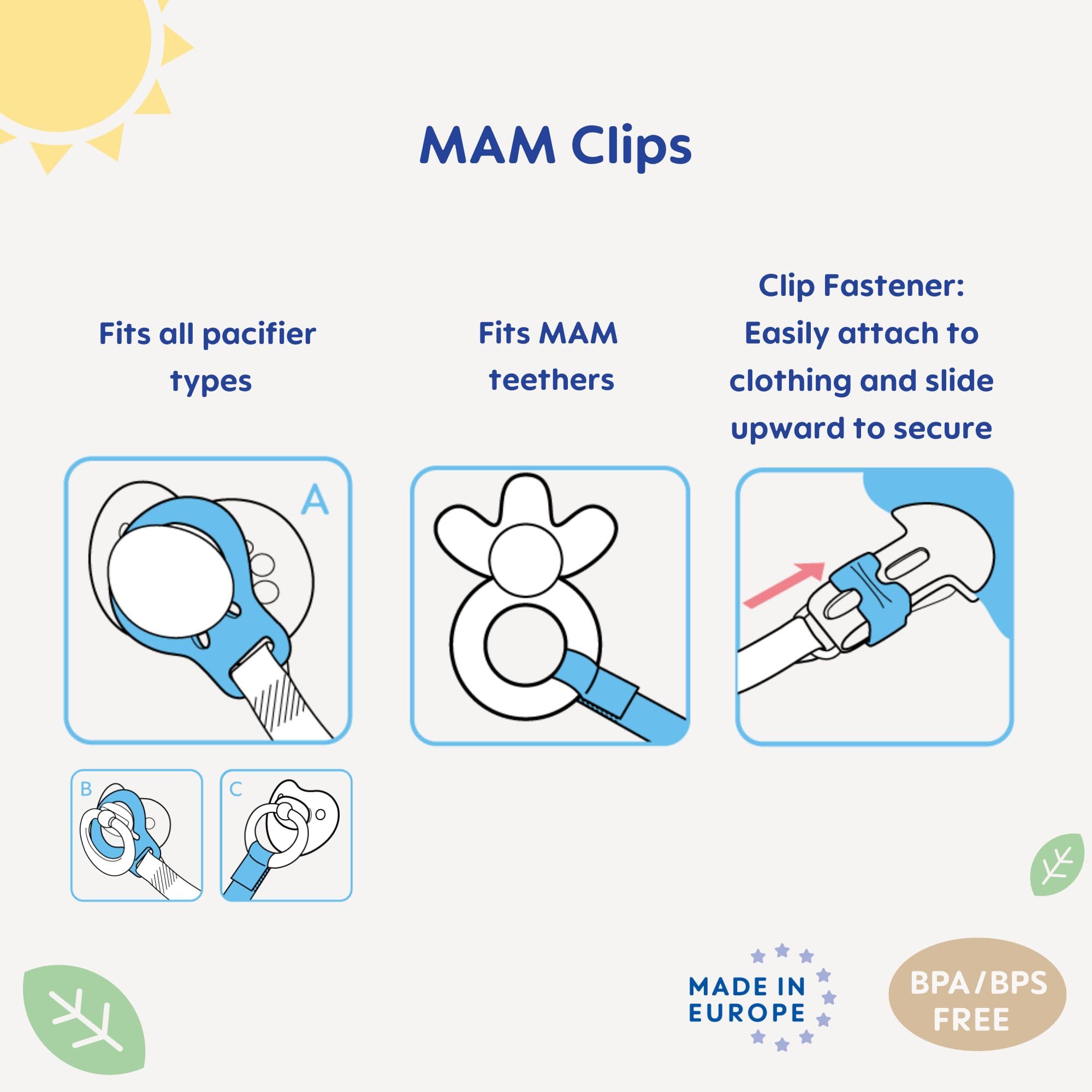 MAM clip with one-hand sliding mechanism attached to baby's clothing for quick access