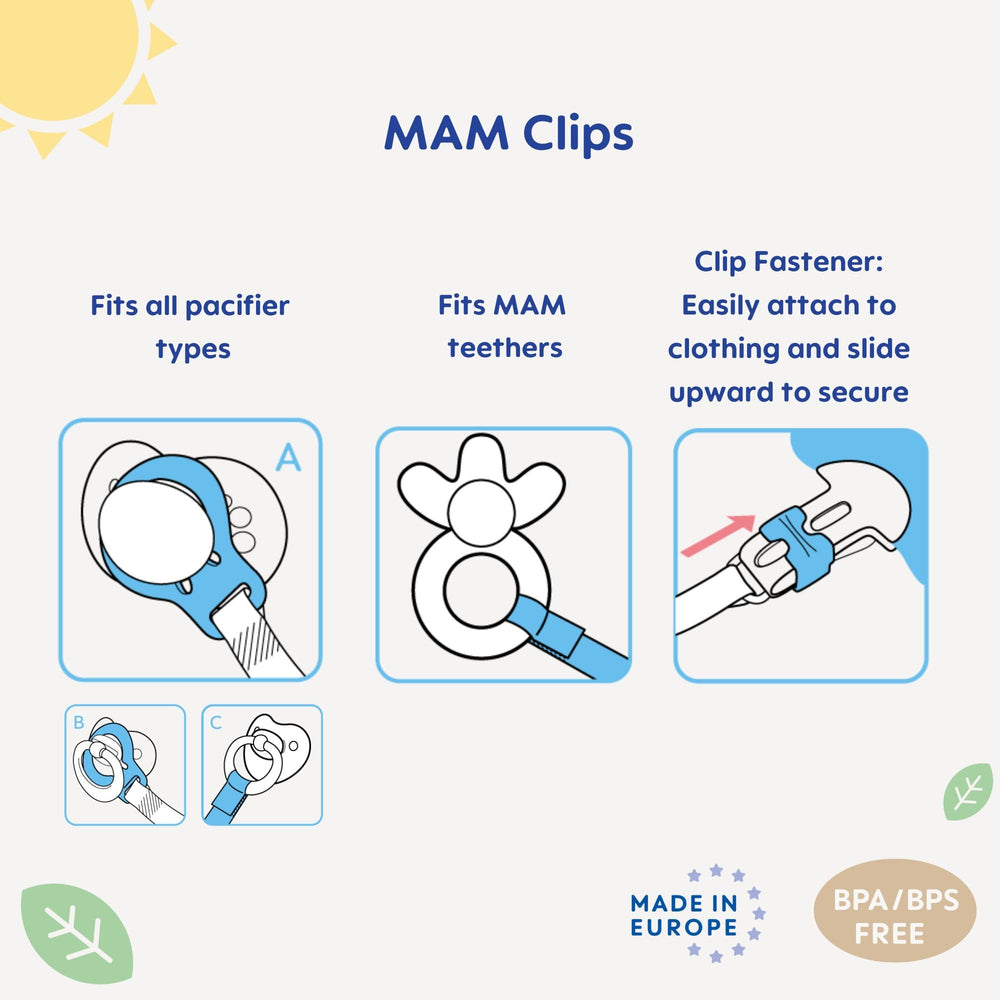 MAM clip with one-hand sliding mechanism attached to baby's clothing for quick access