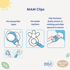 MAM clip with one-hand sliding mechanism attached to baby's clothing for quick access