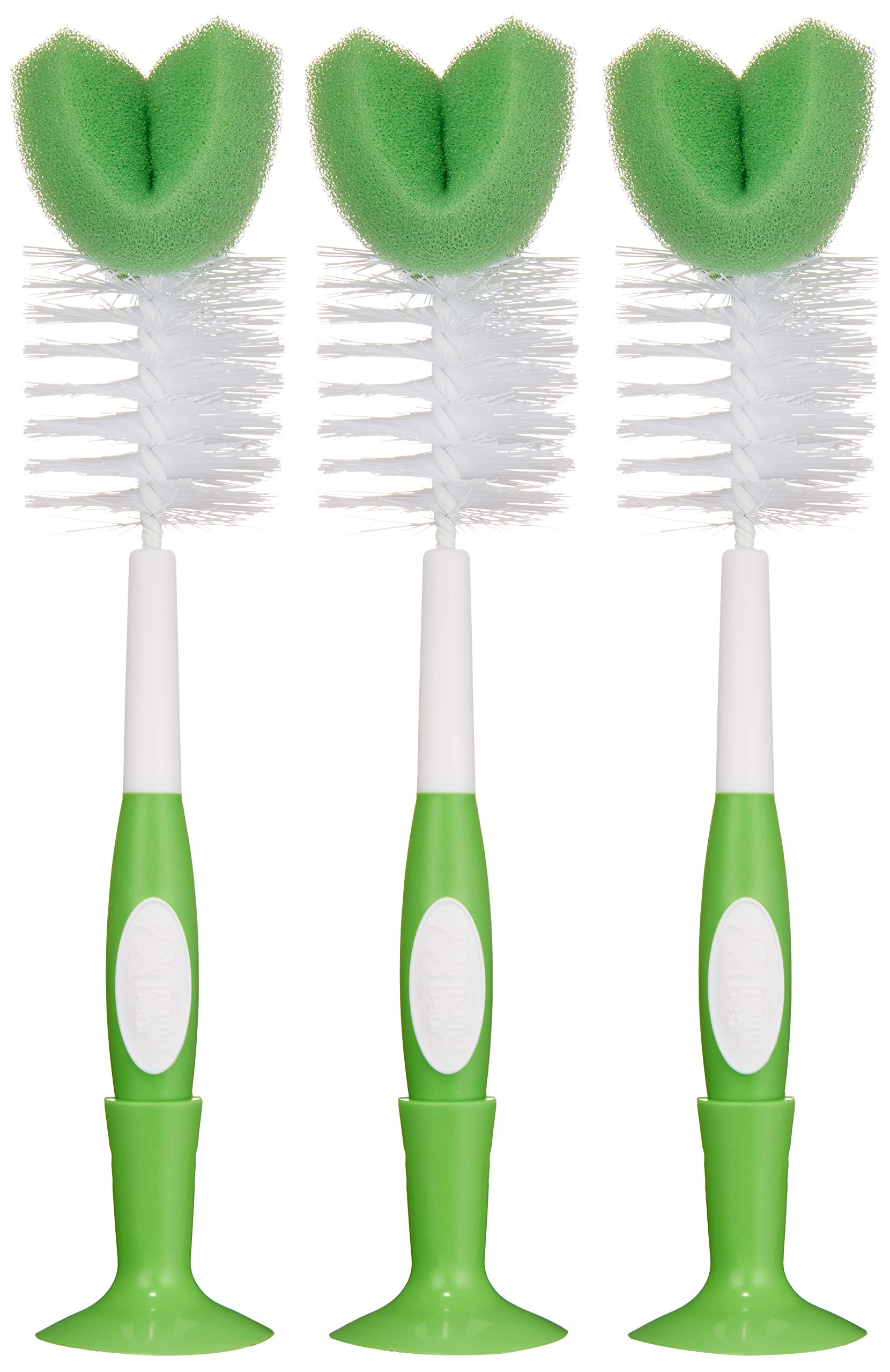 Mama Bear baby bottle brush with nipple cleaner and suction base for easy counter storage.