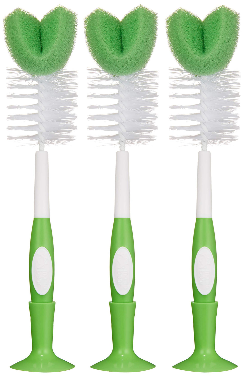 Mama Bear baby bottle brush with nipple cleaner and suction base for easy counter storage.