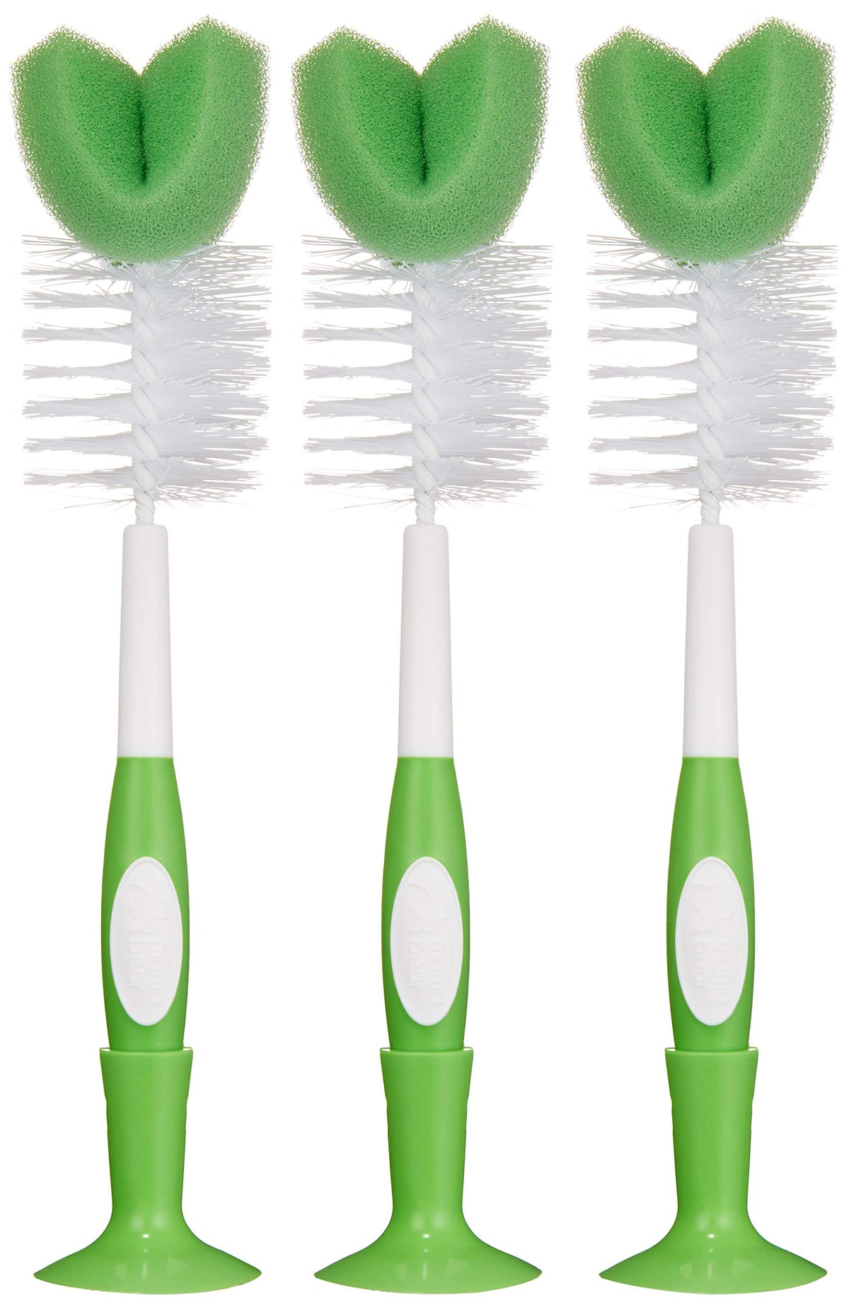 Mama Bear baby bottle brush with nipple cleaner and suction base for easy counter storage.