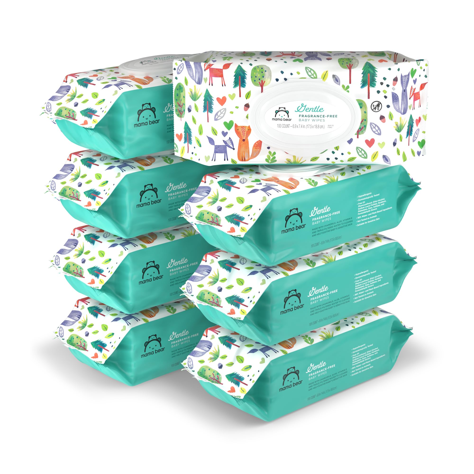 Mama Bear gentle fragrance-free wipes, 8-pack, for sensitive skin.