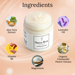 Close-up of Mama Bear Oasis lotion label highlighting magnesium and botanicals