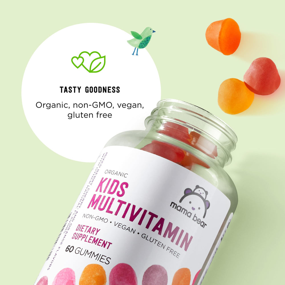 Mama Bear Organic Kids Multivitamin Gummies bottle back details organic ingredients