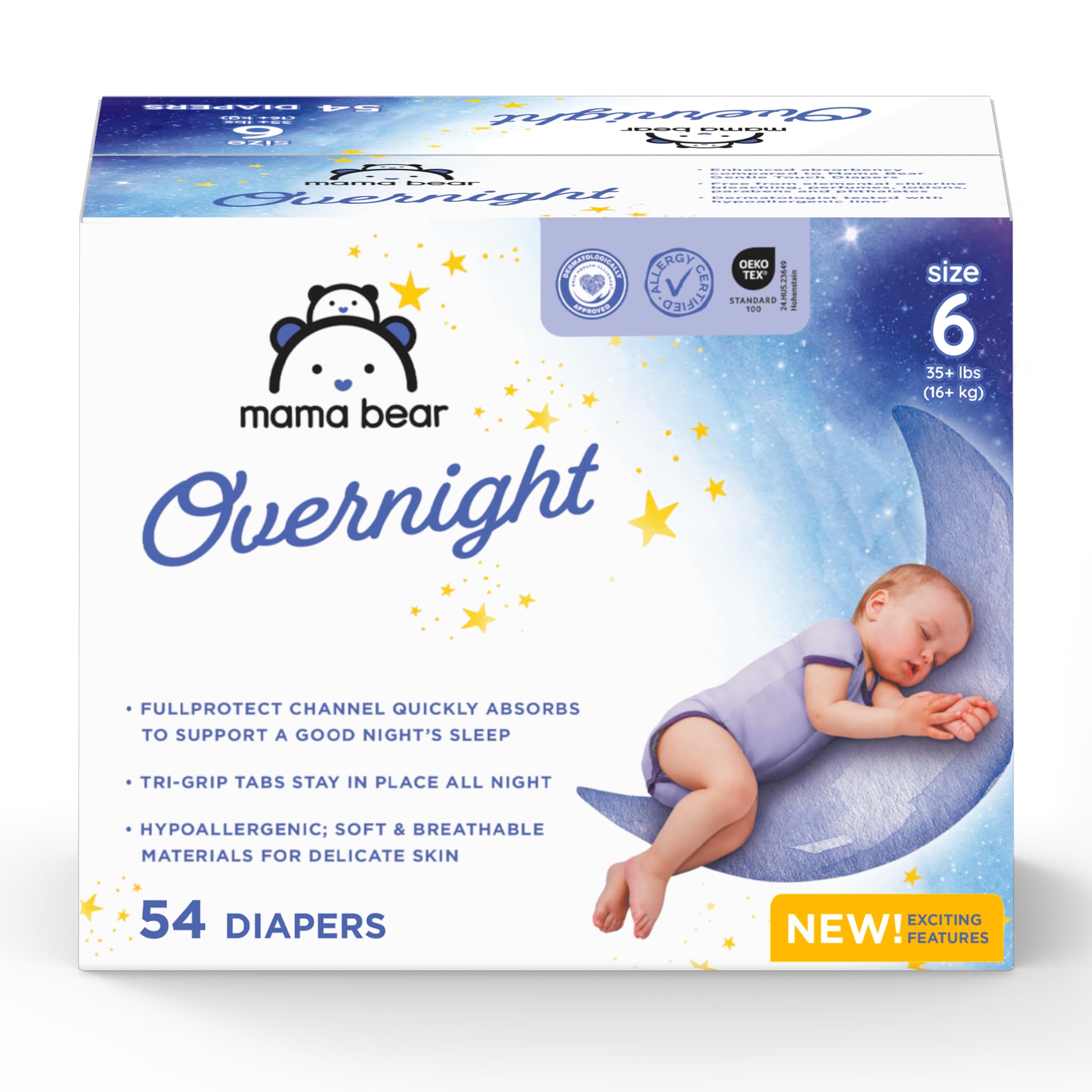 Mama Bear Overnight Diapers provide secure coverage and a snug fit for overnight comfort.