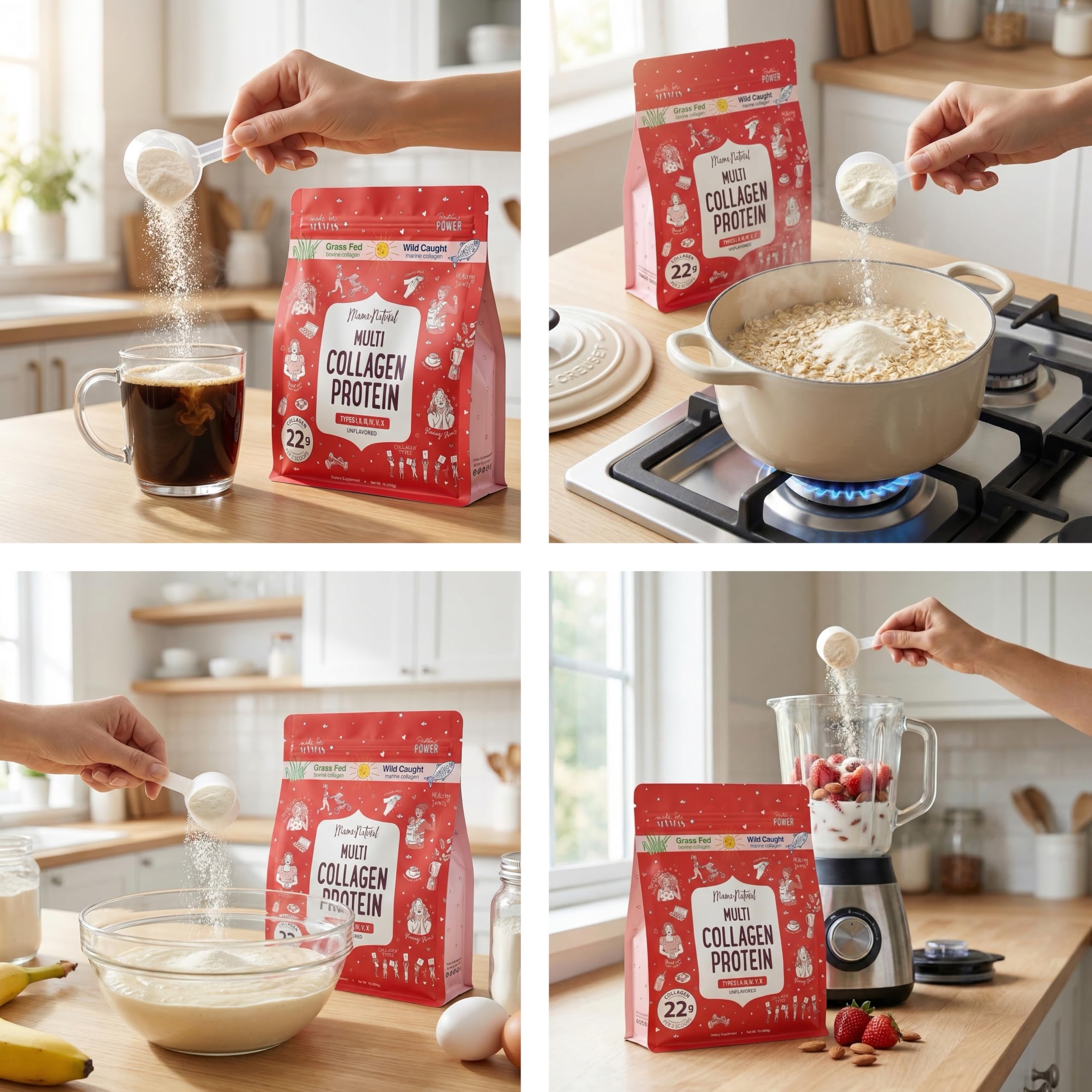 Mama Natural Multi Collagen powder dissolving in water, quick mixability