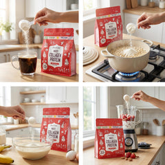 Mama Natural Multi Collagen powder dissolving in water, quick mixability