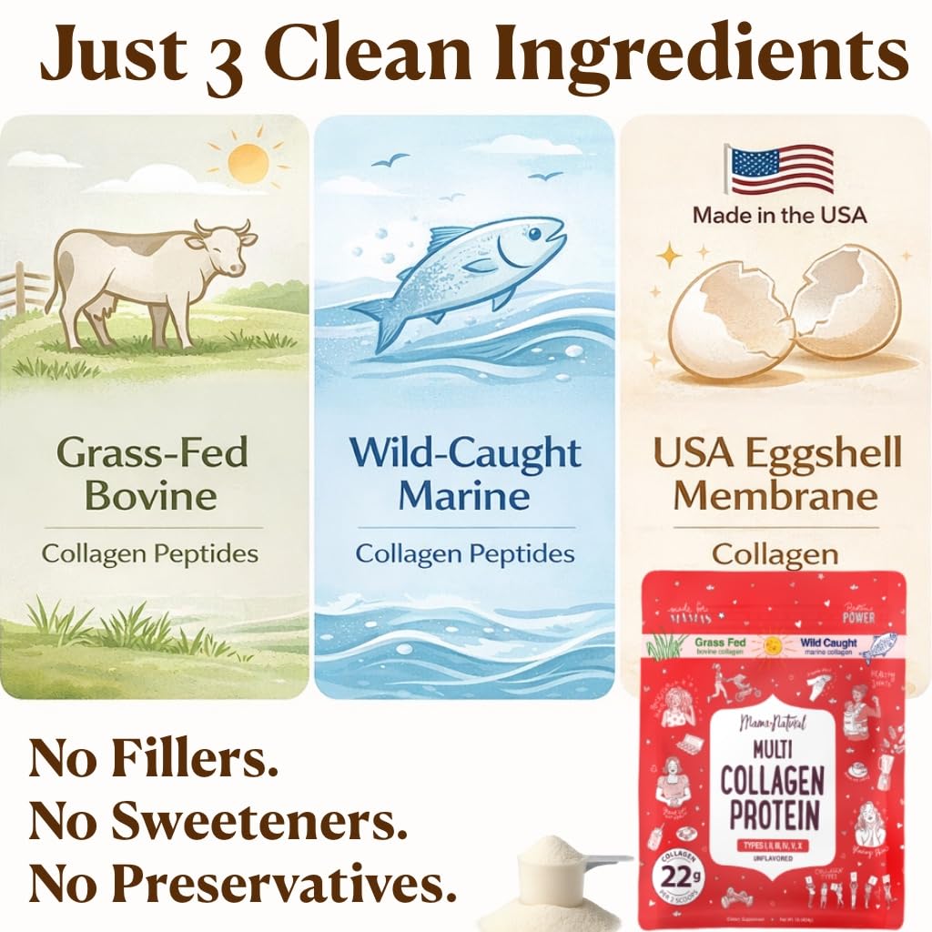 Mama Natural Multi Collagen sources label highlighting grass-fed beef and wild fish