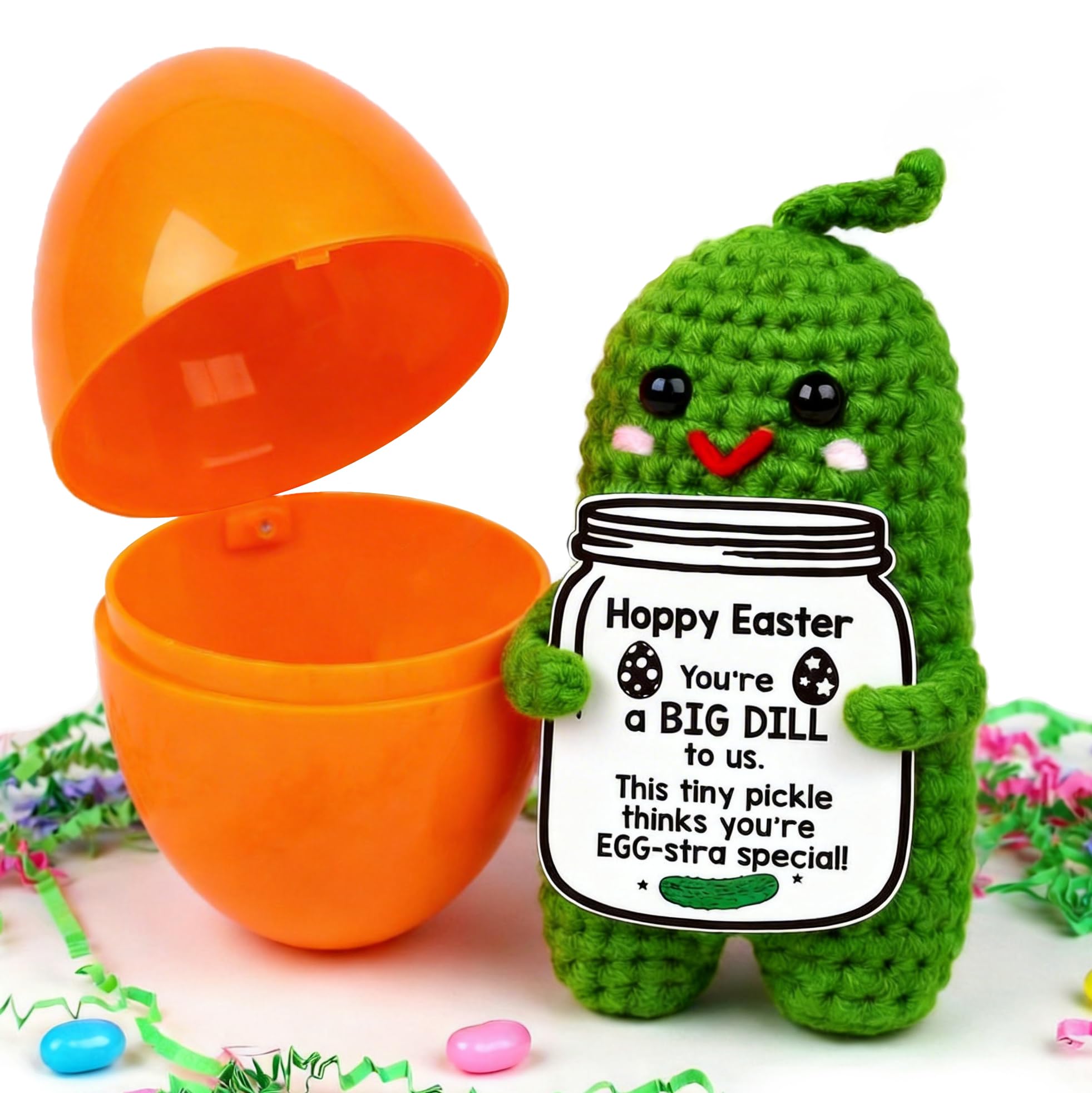 MAMAGIFTREE pickle plush in a basket, 5-inch size, cozy Easter surprise.