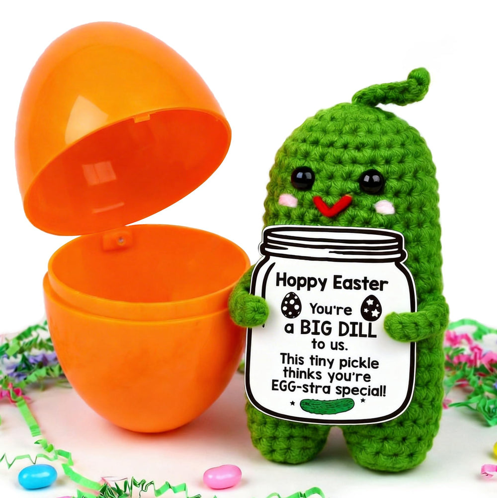 MAMAGIFTREE pickle plush in a basket, 5-inch size, cozy Easter surprise.